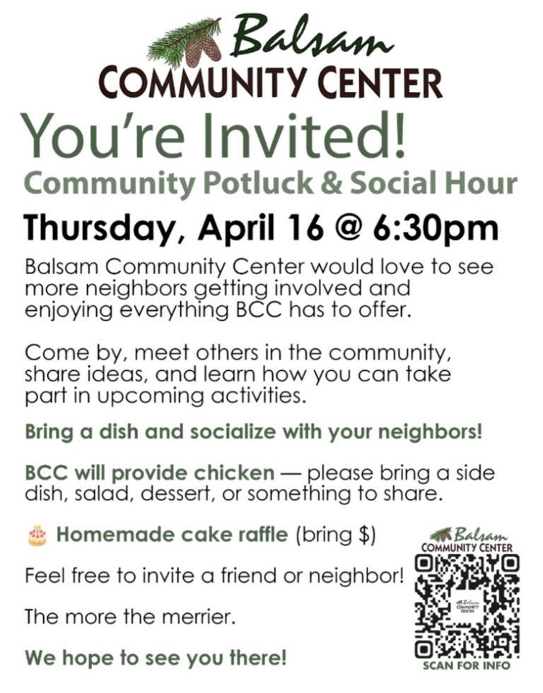 April Potluck Dinner – Thursday, April 16 at 6:30 – Balsam Community Center