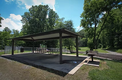The covered patio area at the Balsam Community Center